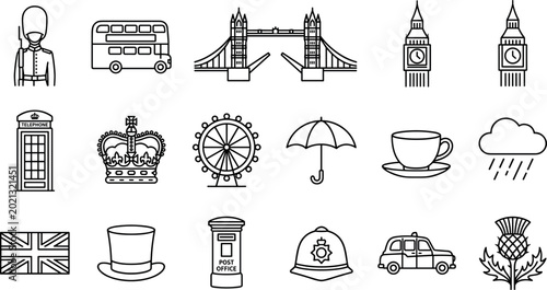 Obraz na plátně London and United Kingdom Culture Outline Icon Set Featuring Big Ben Tower Bridg