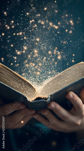 Glowing magical particles flow from an open book held by hands, symbolizing deep knowledge and discovery.