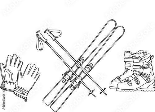 Black and white line of ski gear: skis, poles, boots, and gloves white background