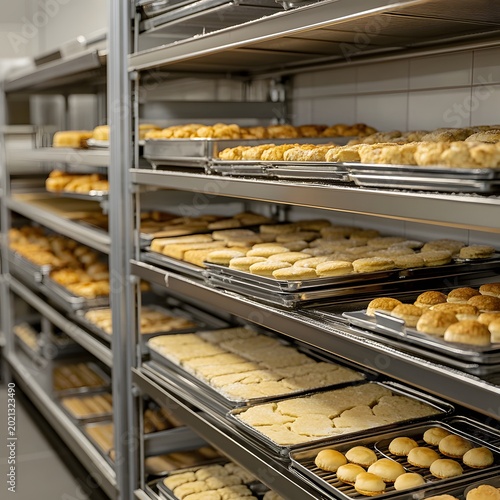 Multiple industrial racks filled with assorted fresh bread and pastries in a large commercial bakery setting.