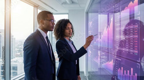 Business professionals analyze purple digital charts on glass display to evaluate performance and growth.