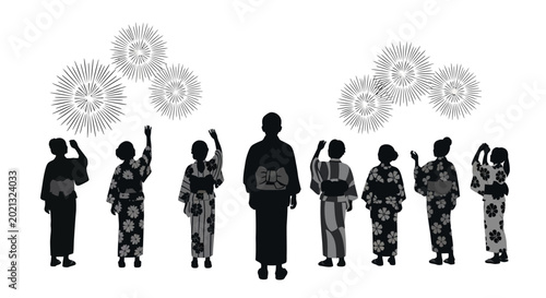 Fotografie Group of people wearing traditional Japanese yukata kimonos watching fireworks