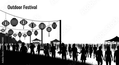 Billede på lærred Silhouettes of people at an outdoor summer festival with hanging lanterns