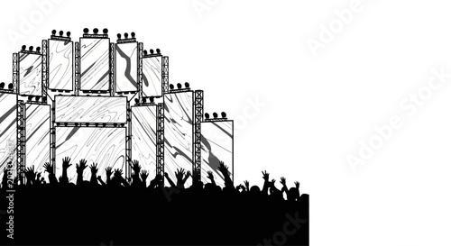 Black and white sketch illustration of a music festival stage with a crowd.