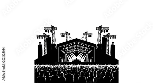 Black and white silhouette of a music festival stage with a cheering crowd.