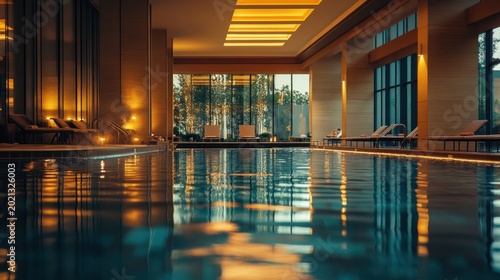 Luxurious indoor pool, lounge seating, hotel interior, tranquil ambiance