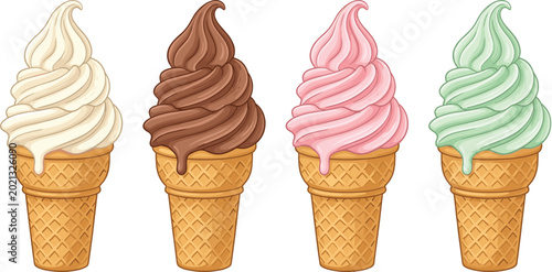 Canvas Print Soft serve ice cream cones vector collection with vanilla chocolate strawberry a