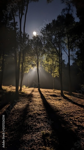 Sunlight and moonlight stream through a dense forest, creating dramatic, elongated shadows on the forest floor.