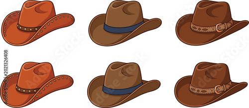 Fotografía Brown cowboy hats vector set with western leather details and belts isolated on
