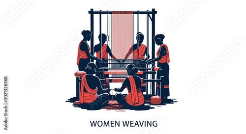 Bild auf Leinwand Group of women working together on a traditional handloom textile weaving process