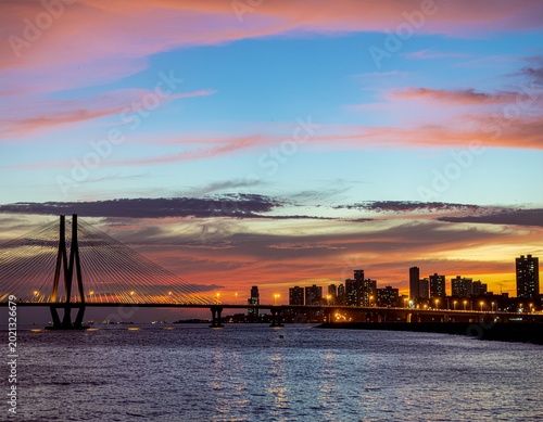 Bandra Worli Sea Link glowing beautifully during a dramatic Mumbai sunset
