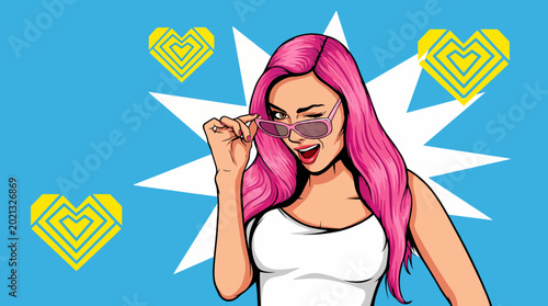 Photos A vibrant illustration of a confident woman with pink hair and sunglasses, radiating charisma and charm, ideal for fashion and beauty themed apparel or promotions