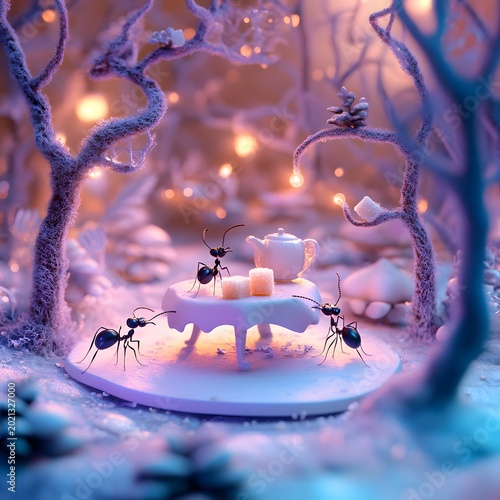 Tiny ants host a whimsical tea party deep within a snowy, glowing forest landscape.
