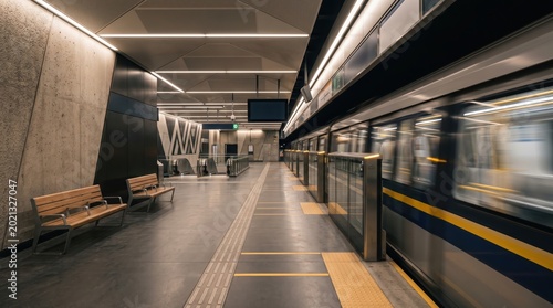 Empty subway platform with motion blur train in station
