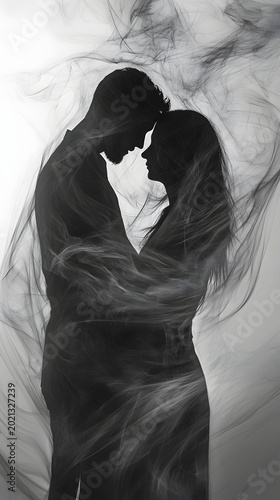 Two figures embracing in a dramatic cloud of smoke, symbolizing the emotional spectrum of an evolving human connection.
