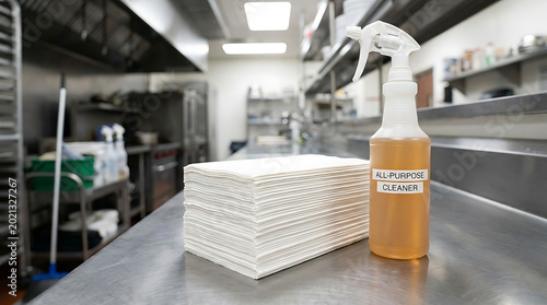 Stack of paper towels and all-purpose cleaner spray bottle on a commercial kitchen counter