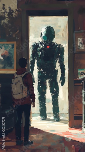 Two figures face a mysterious, armored silhouette standing dramatically within an illuminated architectural doorway.