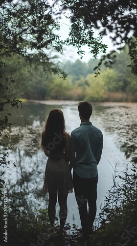 Two figures stand by a misty body of water, framed by lush, overgrown foliage at twilight.
