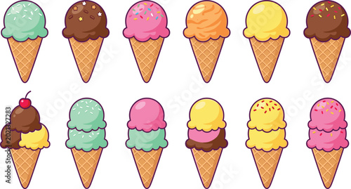Konstfotografi Ice cream cones vector illustration set with single and double scoops of colorfu