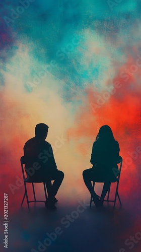 Two figures sit in silhouettes against a vivid, dramatic gradient background, conveying a sense of thoughtful solitude.