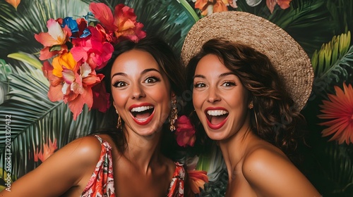 Two laughing women in a vibrant tropical setting capturing a joyful and candid portrait of friendship and nature.