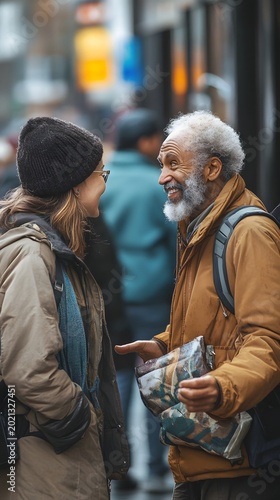Two people sharing a genuine, warm moment of conversation on a bustling city street.