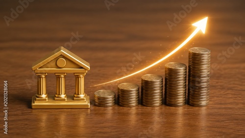 Small golden temple model with bright light shining on modern building at night