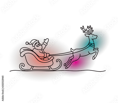 Santa Claus in sleigh pulled by reindeer with glowing neon effects background.