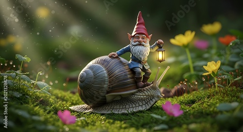 A whimsical garden gnome riding a snail through a vibrant floral landscape with a lantern