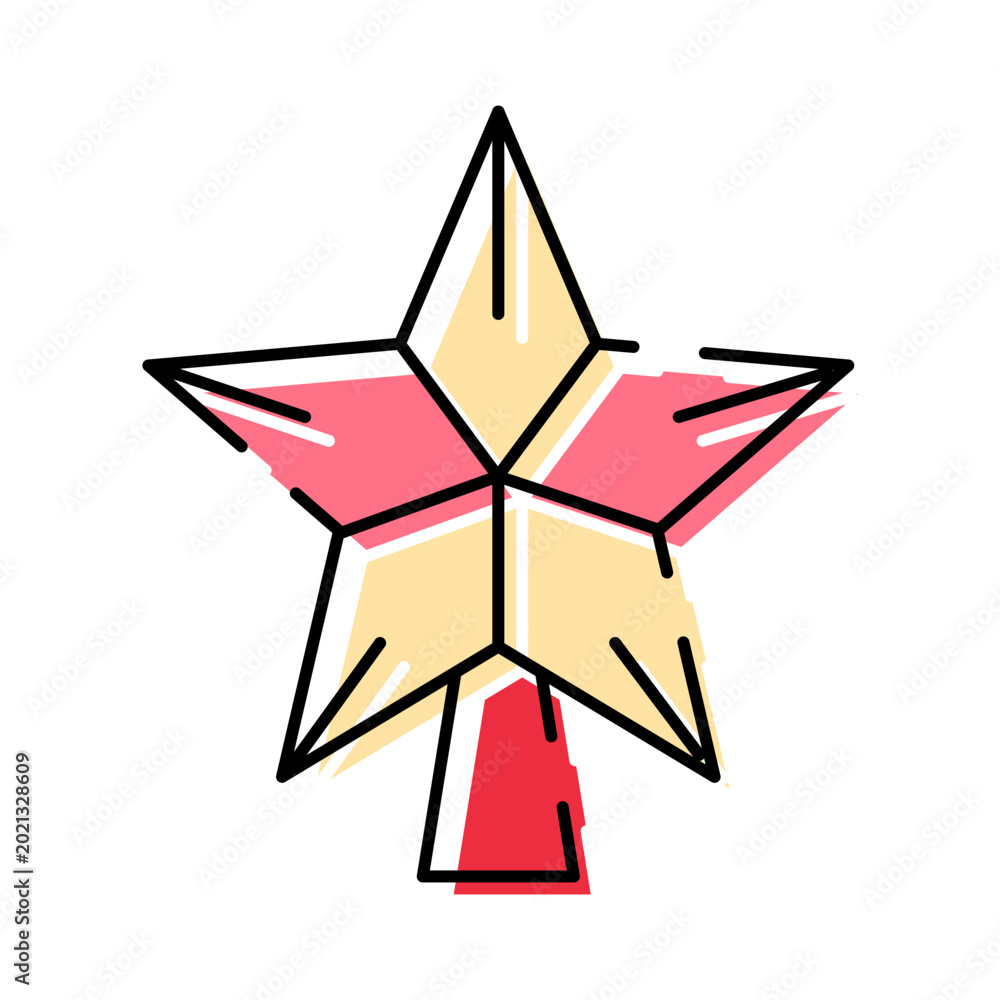 Fototapeta premium Golden five pointed star tree topper with a red base featuring a distinct black outline, perfect for festive celebrations and holiday decorations, adding sparkle and cheer
