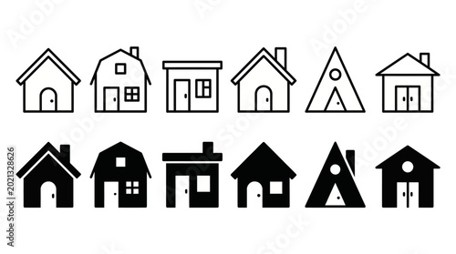 Cuadro en lienzo Set of outline and solid house icons in multiple architectural styles for real e