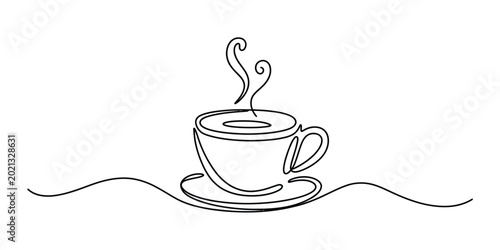 Konstfotografi Continuous single line drawing of a steaming hot coffee cup with a saucer Vector