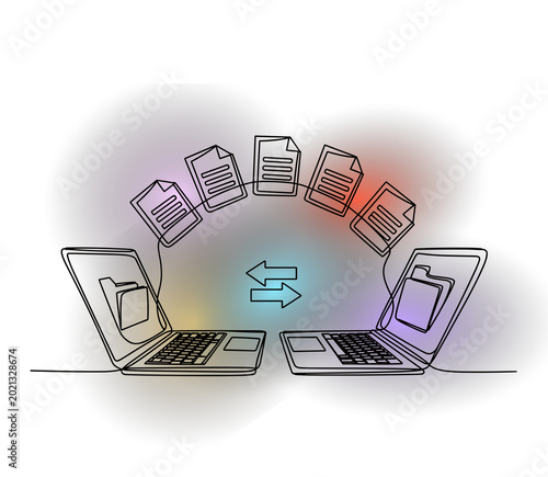 Two laptops transferring files with arrows and document neon signs background.