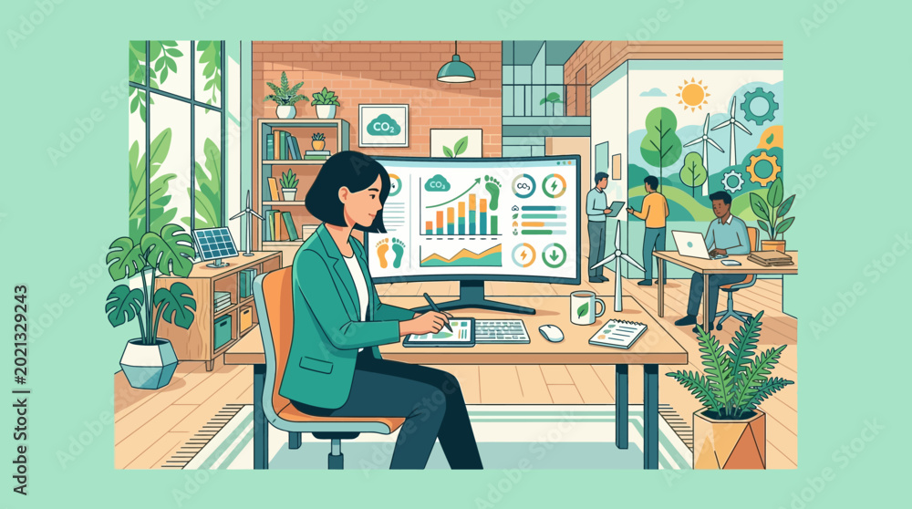 Fototapeta premium Business woman analyzing carbon footprint and sustainability data in an eco-friendly office environment. ESG, renewable energy, and corporate environmental responsibility concept.