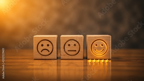 Three wooden power sockets with different mood faces on warm wooden surface