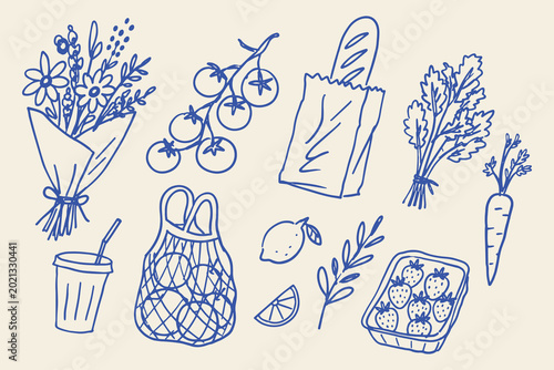 Farmers Market Food Flowers Blue Doodle Sketch Set Vector