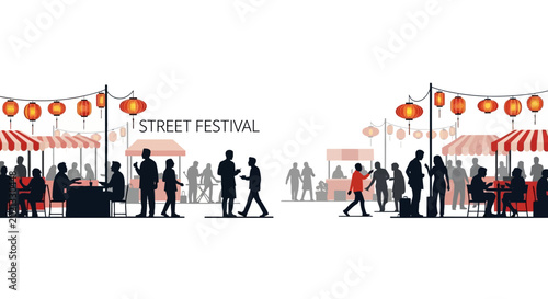 Fotografía Silhouettes of people at a vibrant street festival with food stalls and lanterns