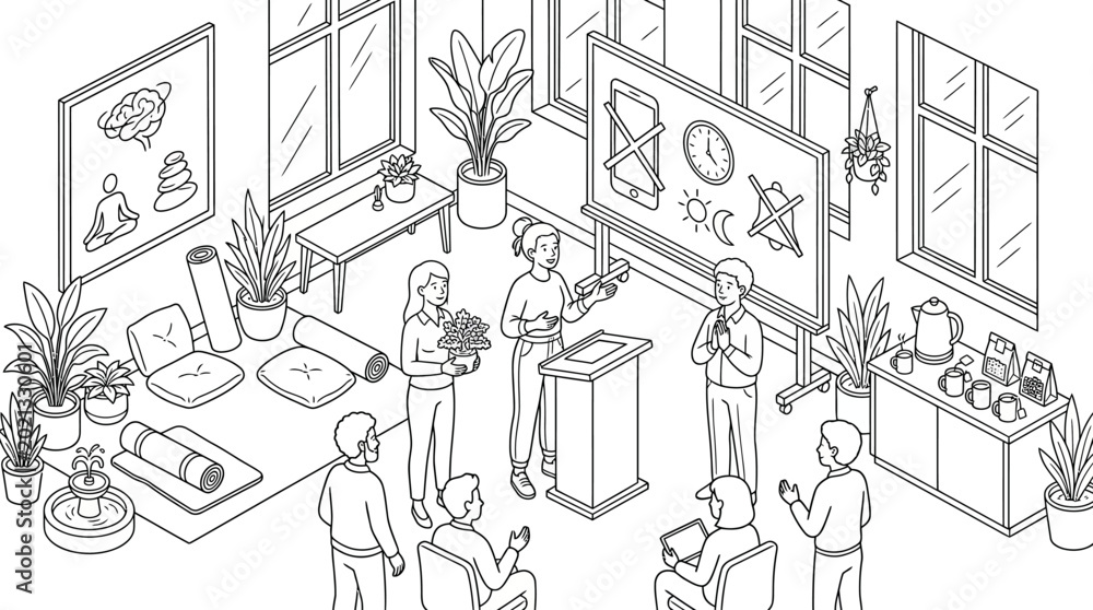 Obraz premium Digital Detox and Mindfulness Workshop Isometric Line Art Illustration - Mental Health Seminar in Modern Office Space