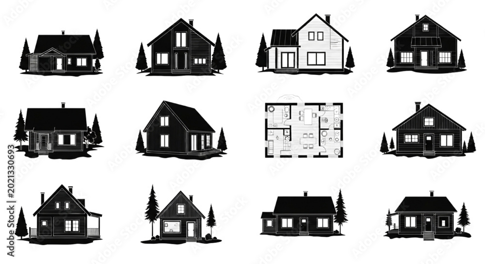 Naklejka premium Scandinavian Luxury Cabin Collection Nordic Cottage Elevation Blueprint Vector Set