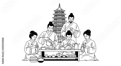 Group of People Performing a Traditional Chinese Tea Ceremony Illustration.