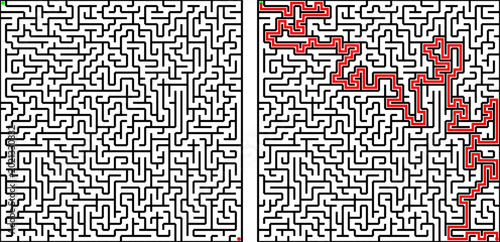 Dual maze puzzle series with start and finish points, solution paths, and clean line art. Perfect for brain teasers, activity books, and educational printables
