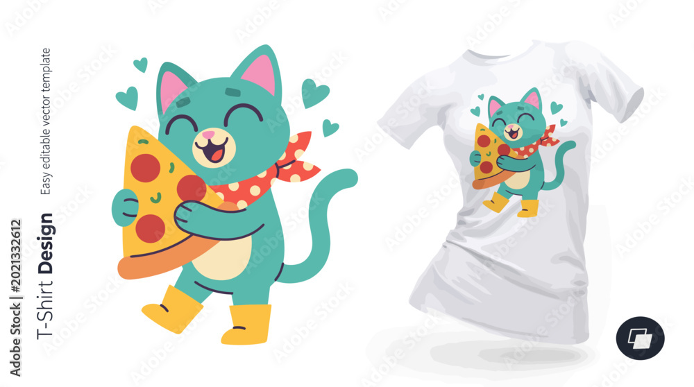 Naklejka premium A playful cartoon cat joyfully cuddling a slice of pizza, showcasing vibrant colors and an inviting, cheerful design ideal for apparel printing and casual wear.
