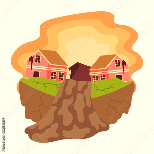 Schilderij op canvas Devastating Landslide: Cartoon Houses on Cracked Earth After a Natural Disaster,