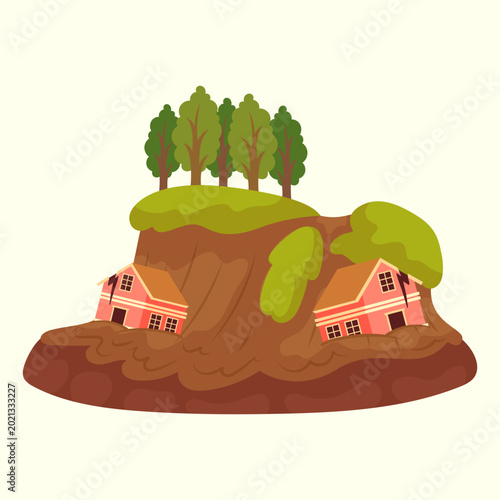 Foto Houses partially buried by a devastating landslide on a green hill with trees, illustrating natural disaster and environmental impact