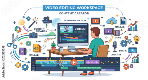 Video editing workspace depicts a content creator using professional software tools to produce high-quality digital media for online platforms.
