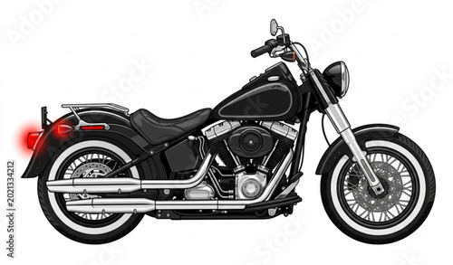 Foto Black and white cruiser motorcycle vector with chrome details and red taillight
