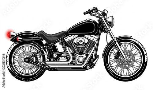 Billede på lærred Black and white cruiser motorcycle vector with chrome details and red taillight