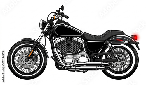 Schilderij op canvas Black and white cruiser motorcycle vector with chrome details and red taillight