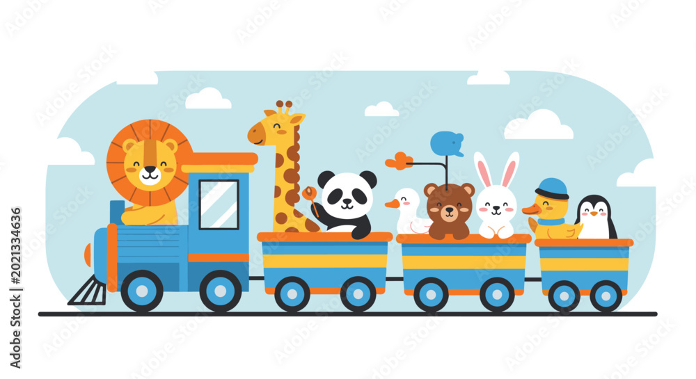 Fototapeta premium Colorful cartoon train carries a group of happy animals including a lion, giraffe, and panda across a simple blue and white landscape.