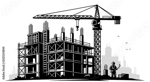 Fotografie Construction site with crane and worker.